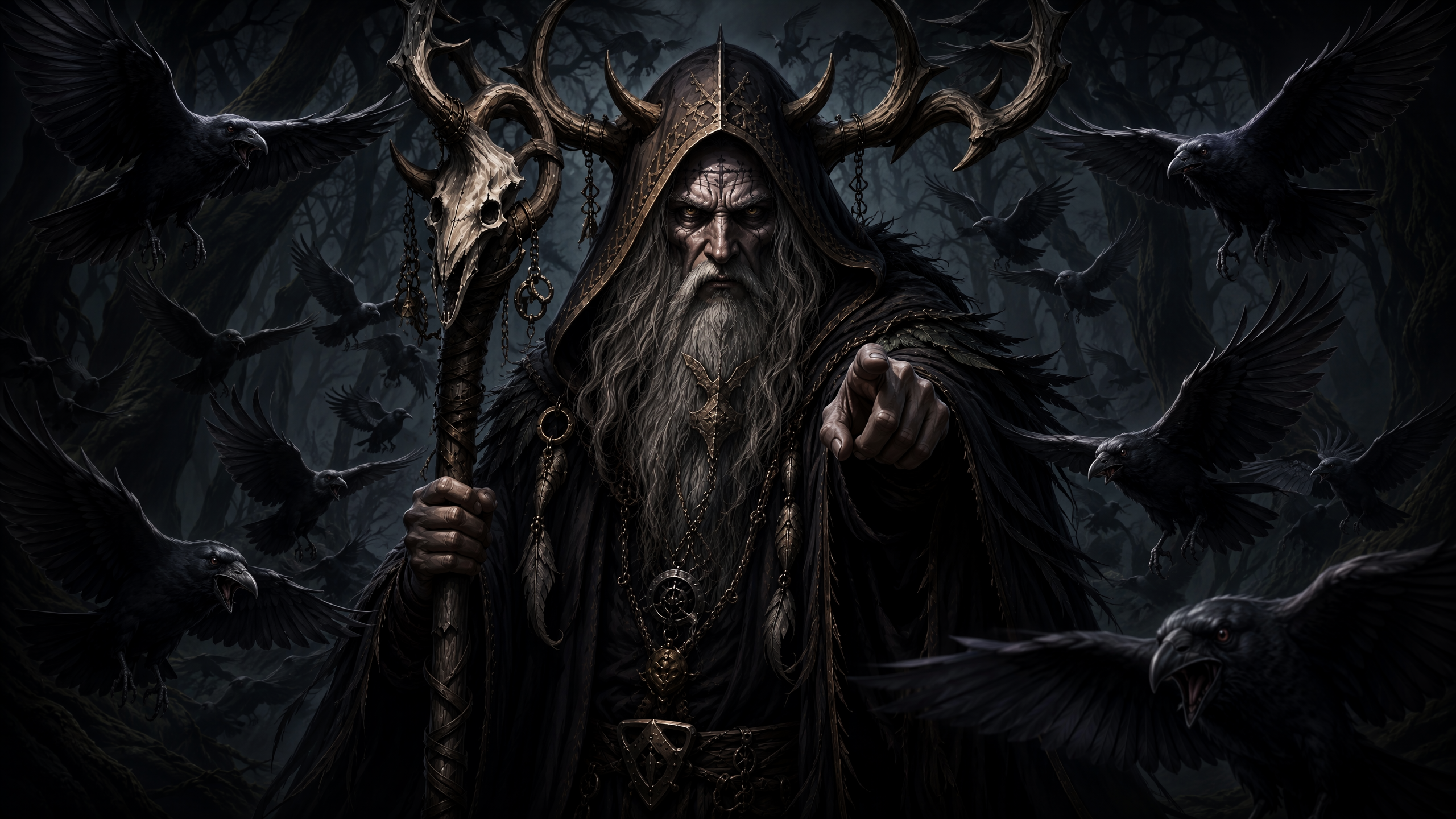[Imposing antler-hooded ancient warlock holds a skull staff, pointing directly at the viewer, surrounded by flying ravens ...