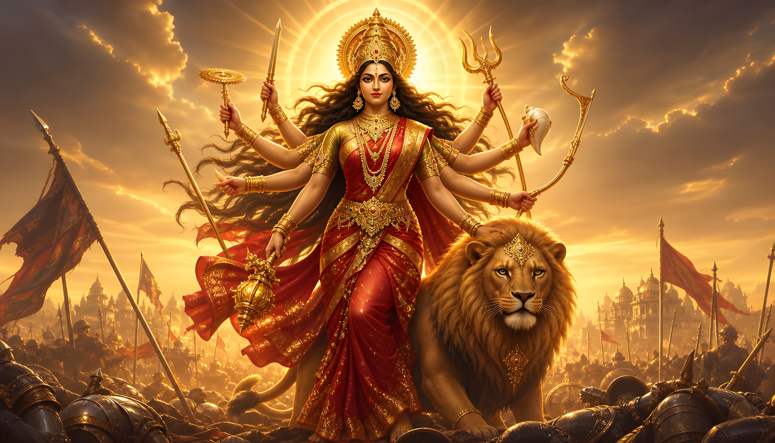 [Hindu goddess Durga stands with her lion vahana, multiple arms holding divine weapons, glowing golden halo over a battlef...