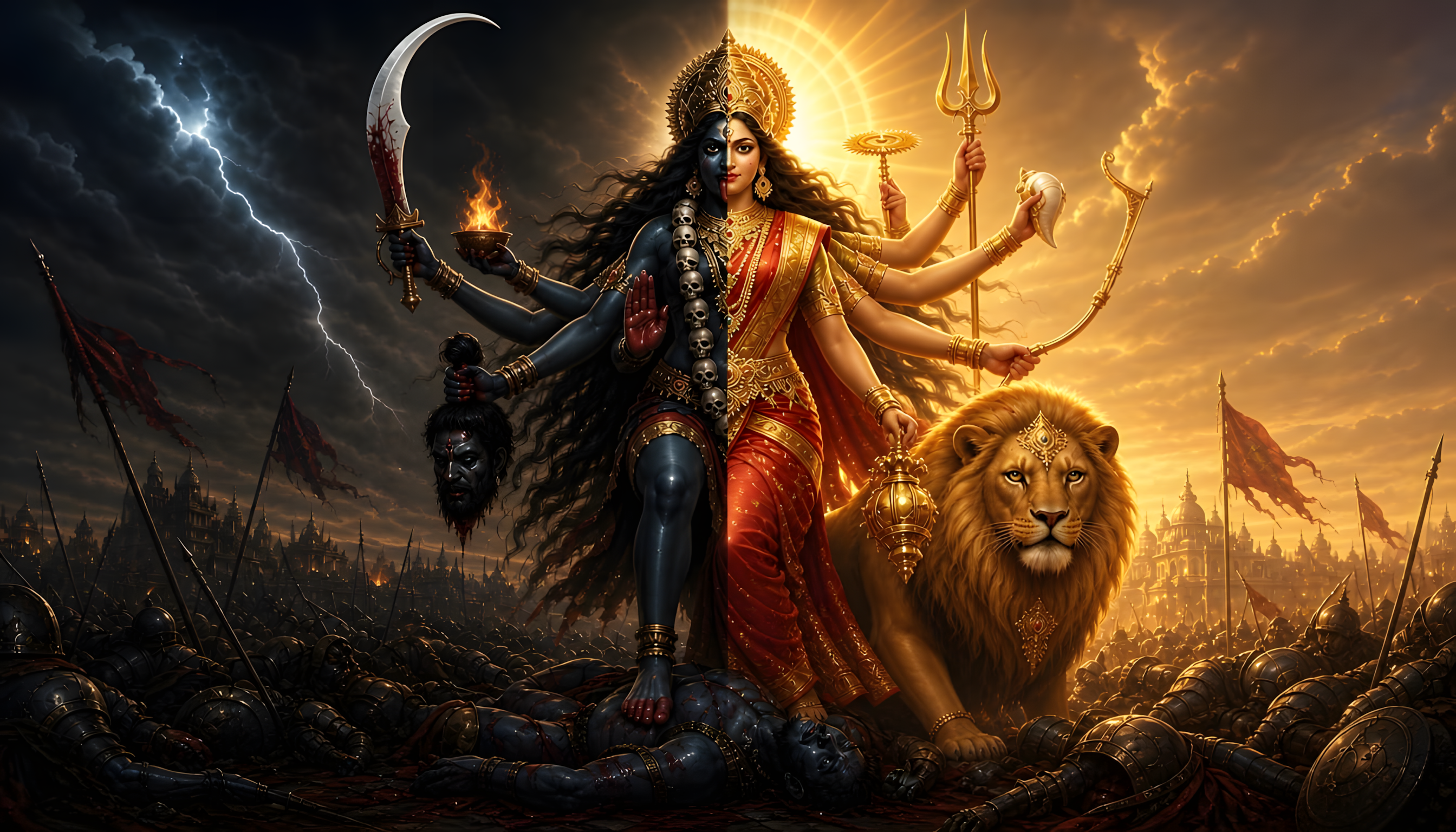 [Dual split depiction of Hindu goddess Kali/Durga standing with her lion mount on a battlefield between storm and golden d...