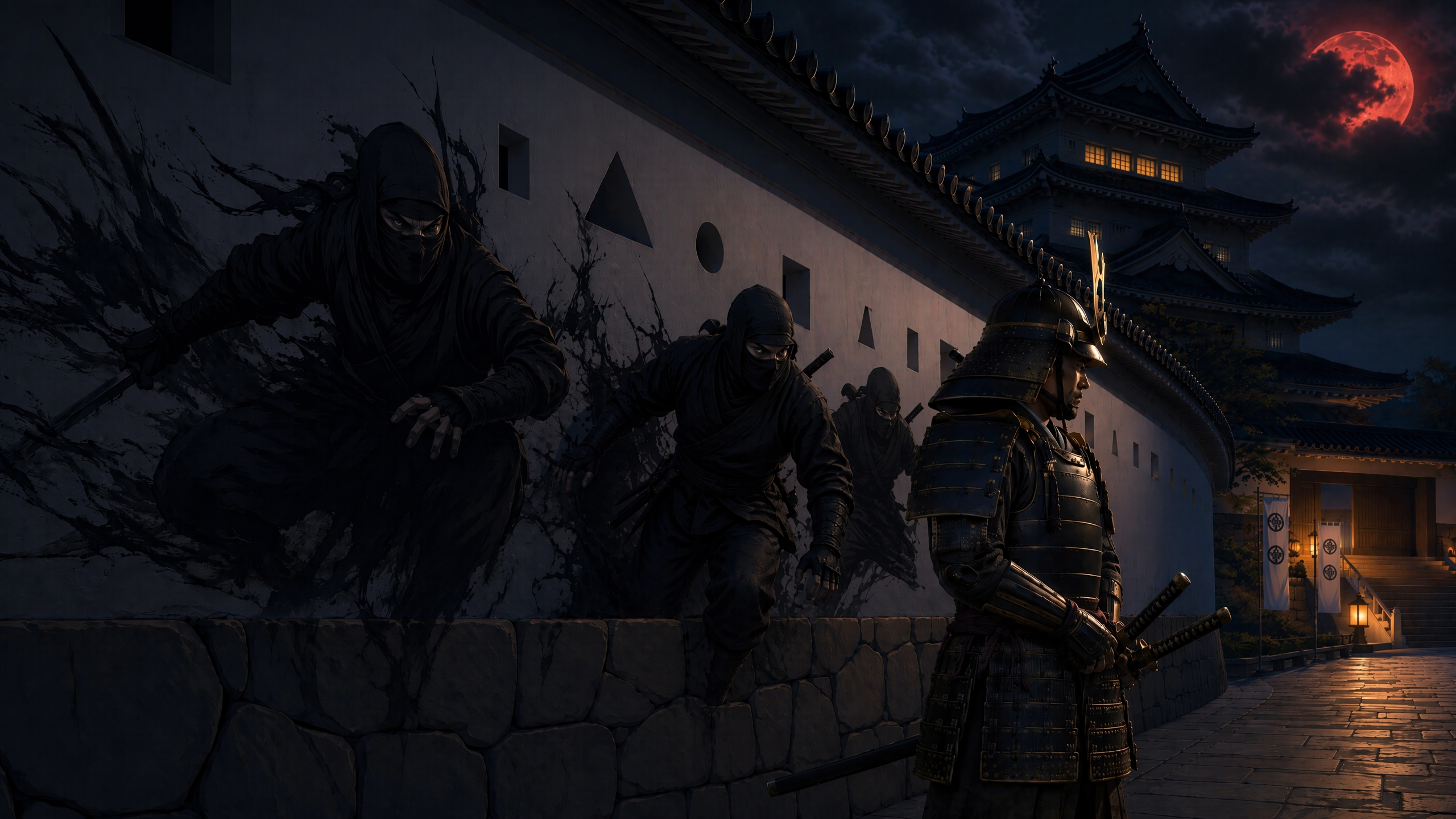 Stealthy hooded ninja emerge from a castle wall to confront an armored samurai guard under a red blood moon at night.