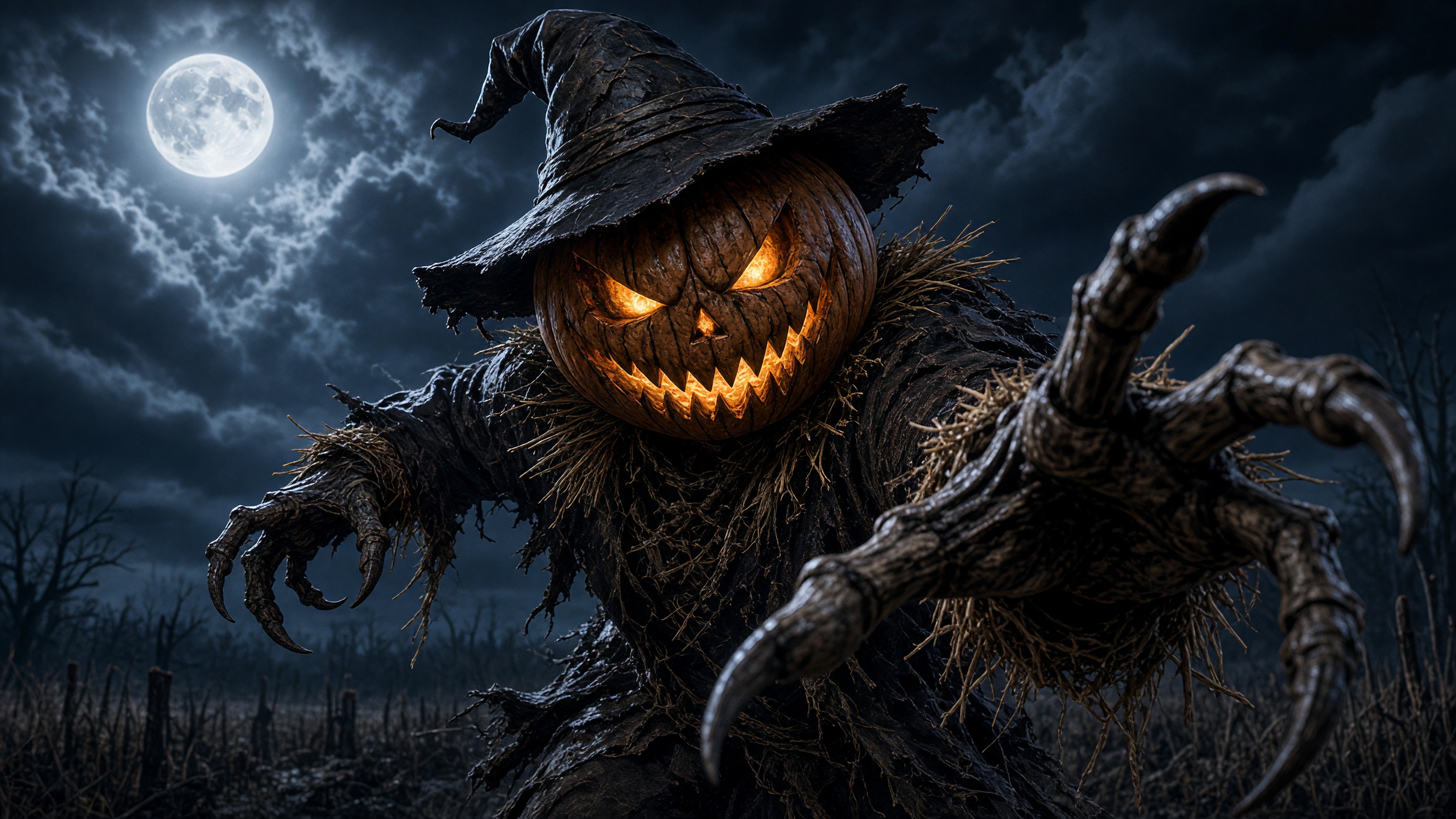 Menacing jack-o'-lantern scarecrow reaches out toward the viewer under a bright full moon on a dark Halloween night