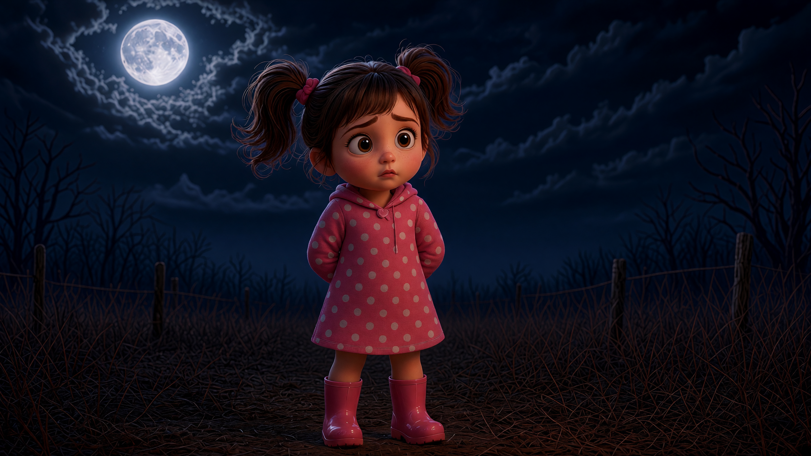 An anxious cartoon little girl stands alone in a rural field under a bright full moon at night