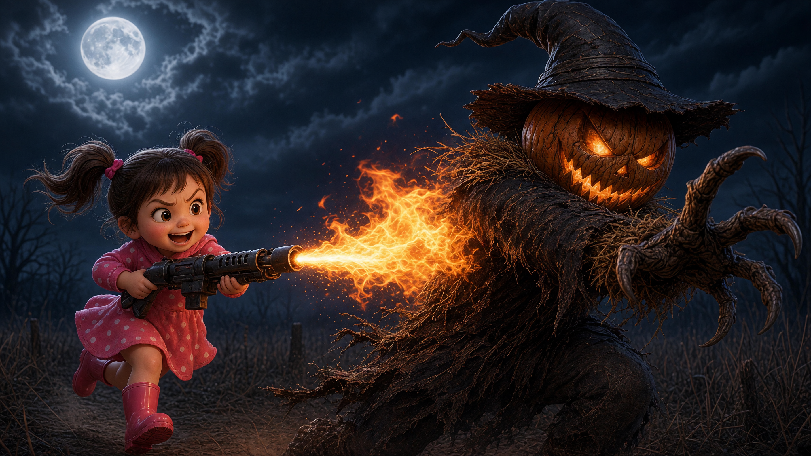 Cartoon little girl uses a flamethrower against an evil pumpkin scarecrow under a full moon