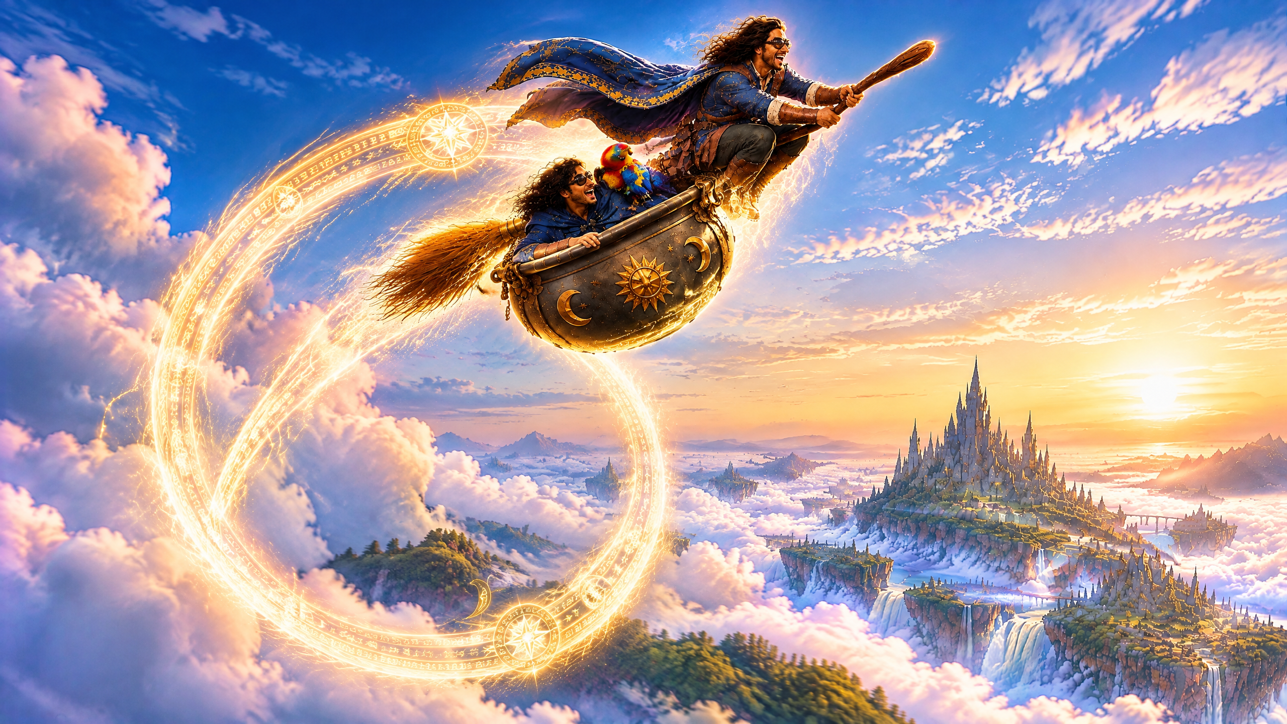 Joyful wizards fly on a broom and enchanted cauldron above floating fantasy islands at golden sunset