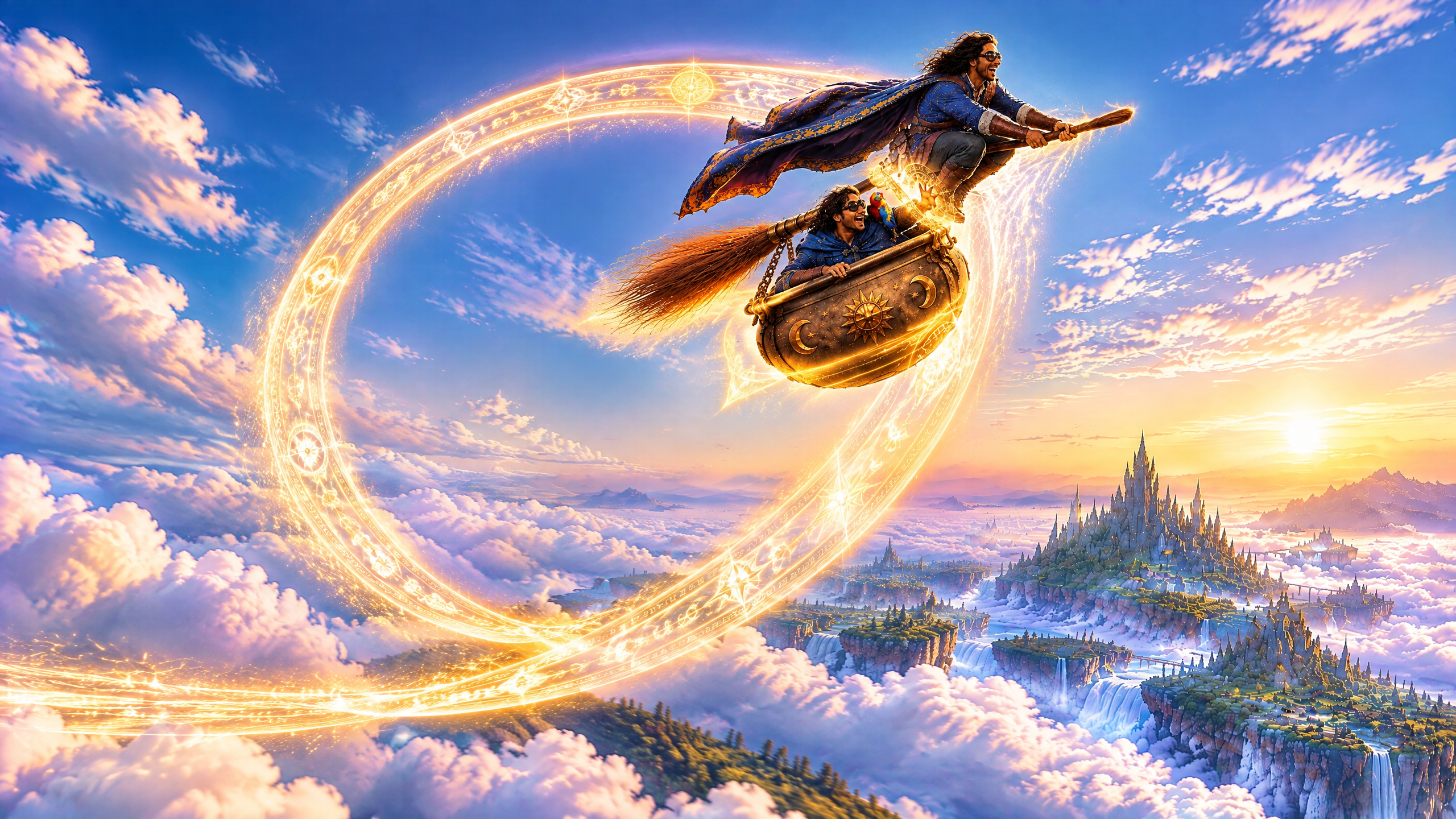 Two grinning wizards ride a linked flying broom and cauldron trailing glowing magic over a cloud-top fantasy kingdom