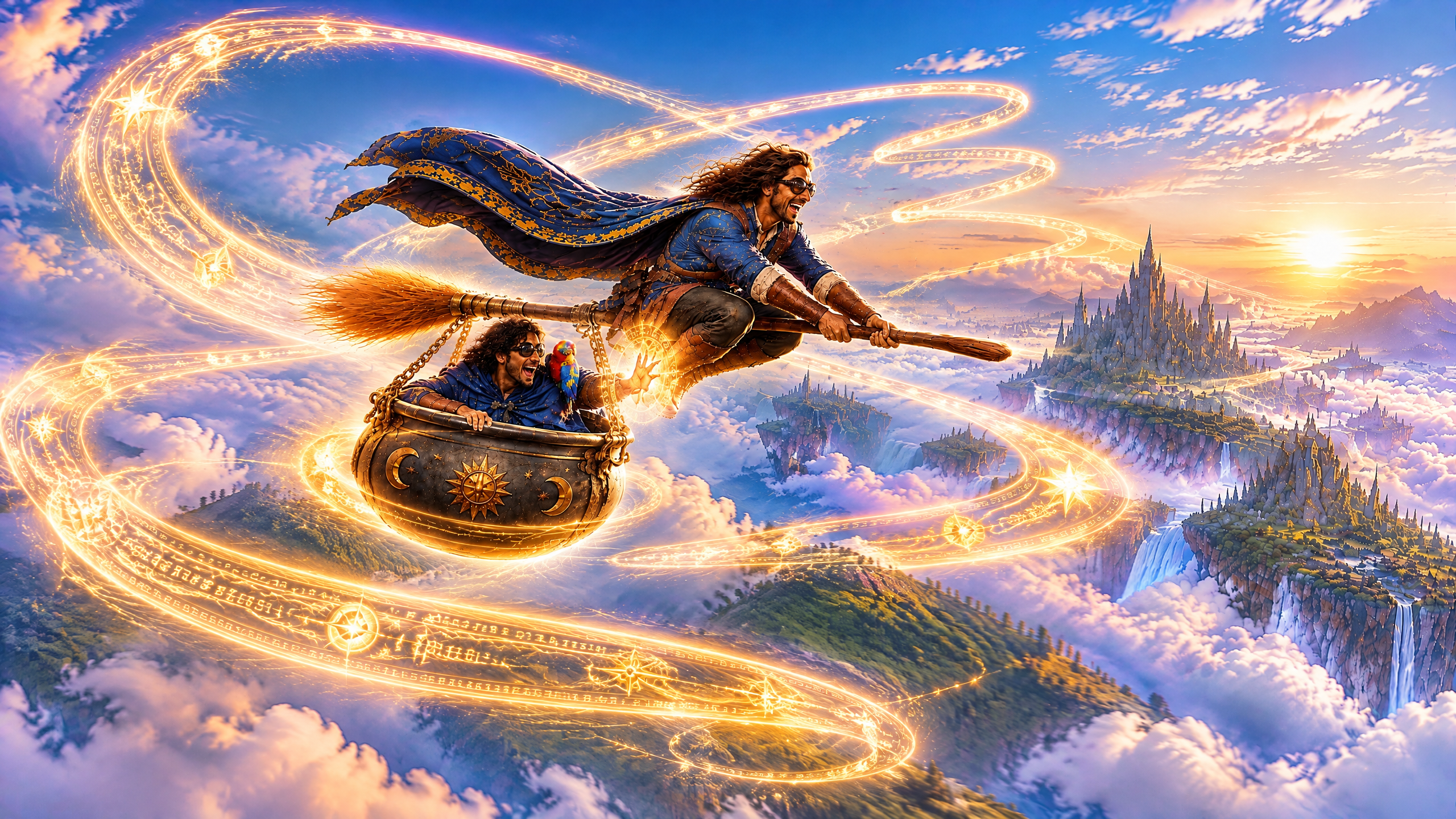 Two joyful wizards fly on a broomstick and hanging cauldron over a floating fantasy realm at golden sunrise
