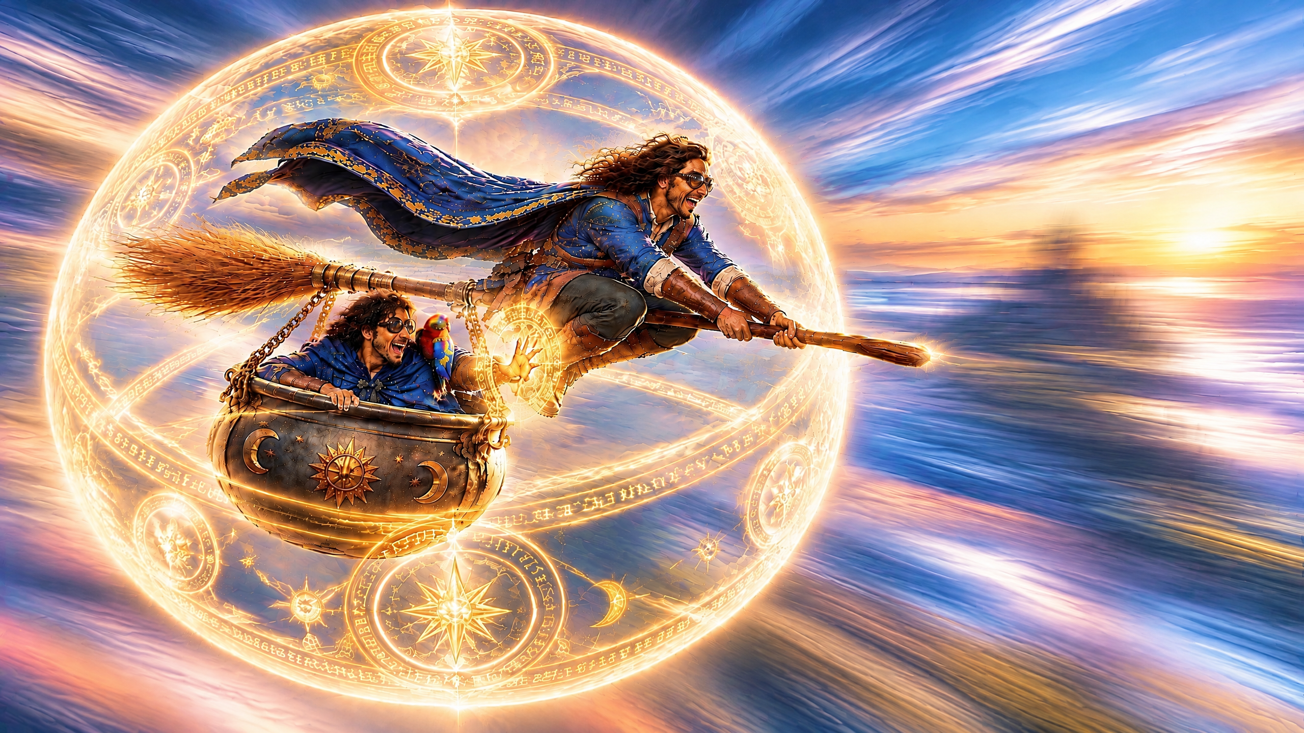 Two joyful wizards fly at speed on a broomstick, one in a cauldron basket, inside a glowing rune magic sphere over the ocean