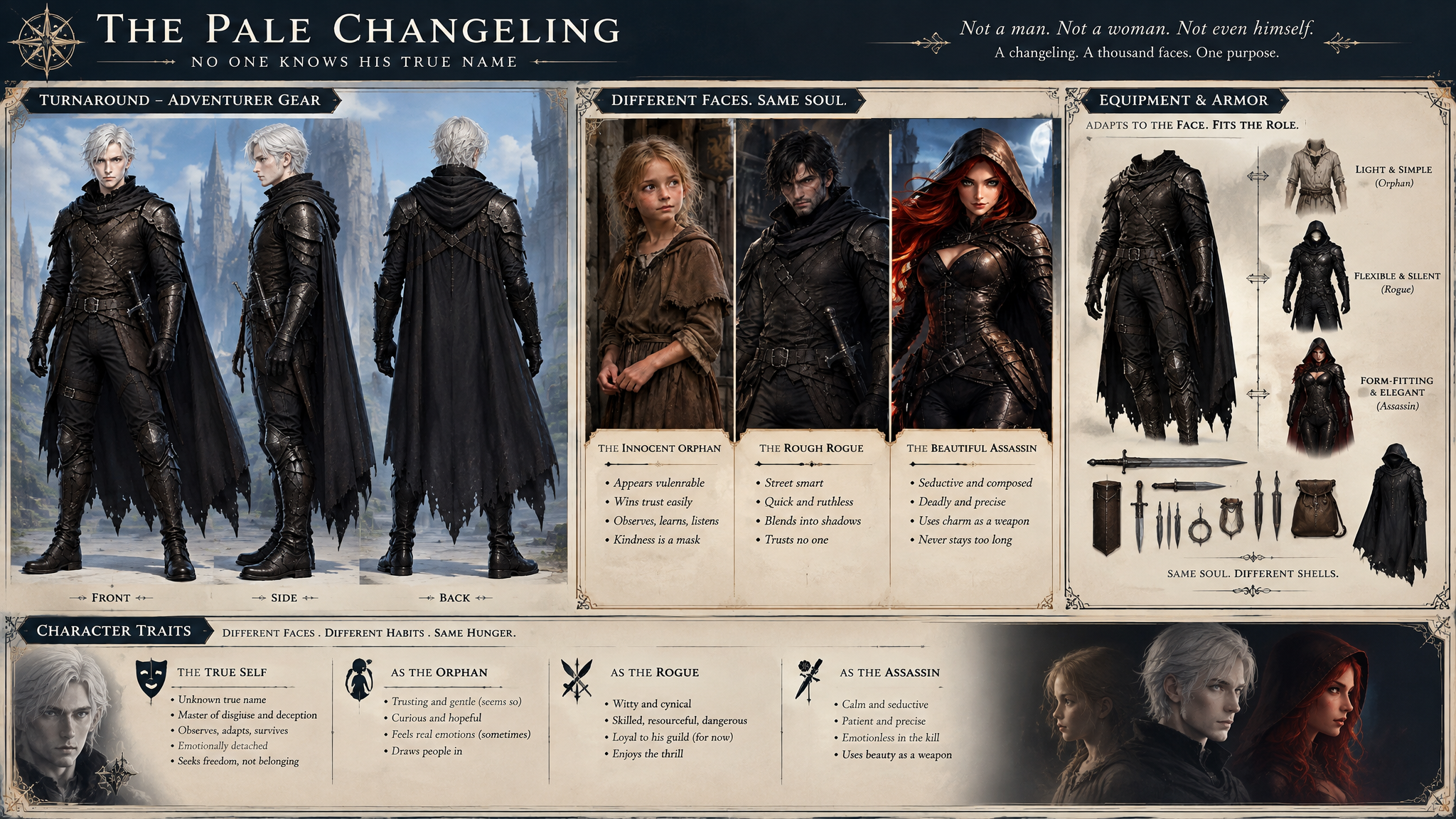 Dark fantasy character reference sheet for the Pale Changeling shapeshifter showing alternate forms, armor, and personality