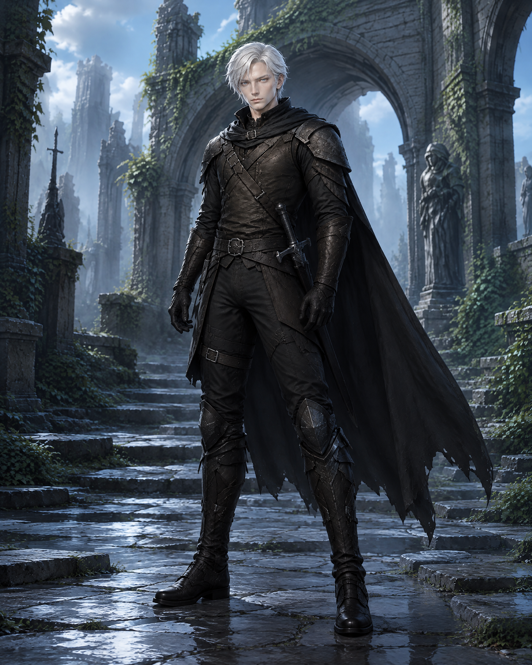 Pale silver-haired dark fantasy knight in black armor stands in overgrown gothic castle ruins