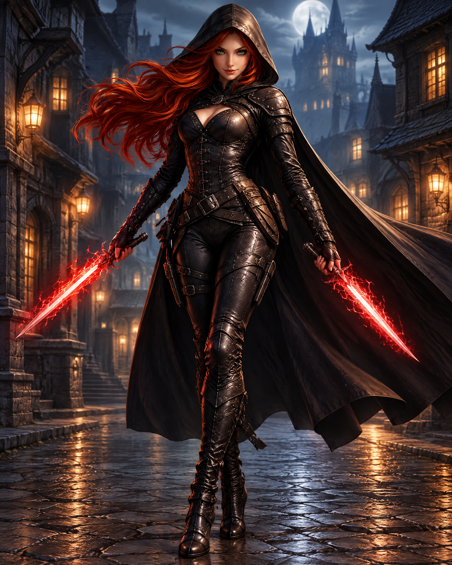 Hooded red-haired fantasy assassin holds glowing red dual blades on a moonlit medieval cobblestone street