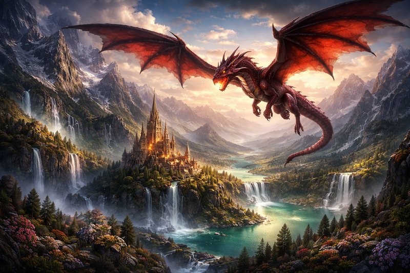 Red dragon flying over a grand castle in a lush valley with waterfalls and towering mountains.