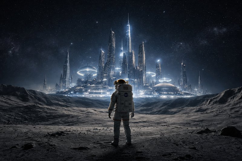A solitary astronaut gazes toward a neon-lit sci-f | TheBard on ...