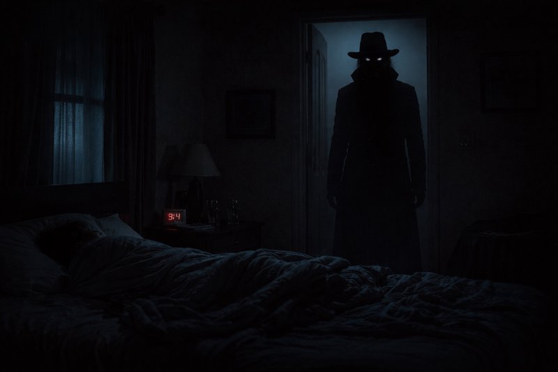 Shadowy figure with a hat and glowing eyes stands in the doorway of a dark bedroom.