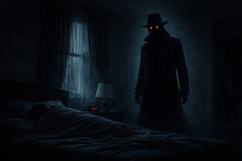 Creepy figure with glowing red eyes in a dark bedroom at night.
