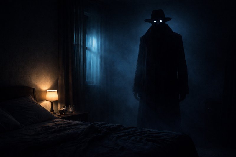 Dark silhouette with glowing eyes wearing a hat in a misty, dimly lit bedroom.