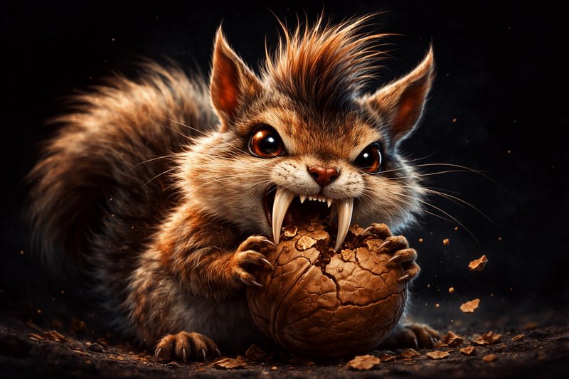 A fierce, close-up squirrel with sharp fangs biting into a cracked walnut against a dark, dramatic background.