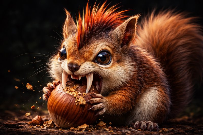 Squirrel with a red-orange crest biting a walnut, dramatic dark background.