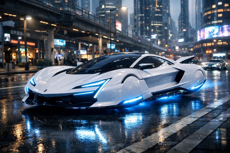 White futuristic sports car with blue underglow on a rainy city street at night.