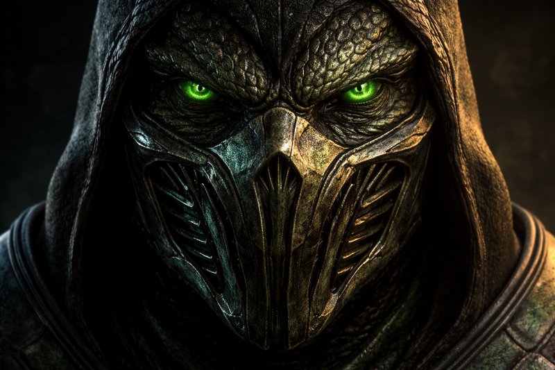 Hooded warrior in a dark metallic mask with glowing green eyes.