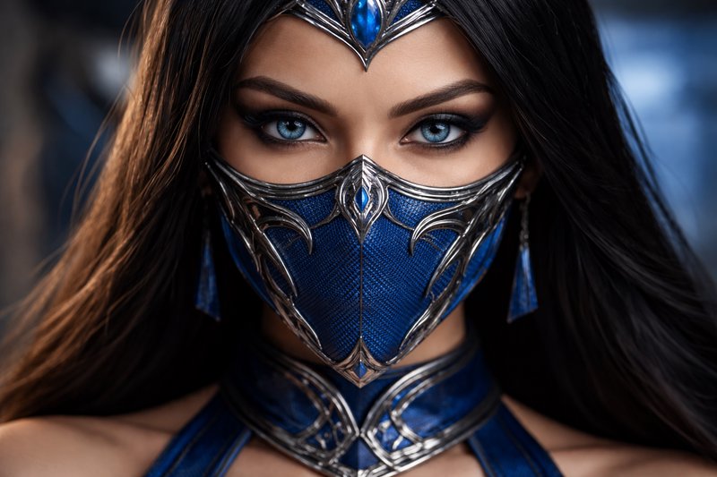 Close-up of a woman wearing ornate blue fantasy armor mask with silver detailing and blue eyes