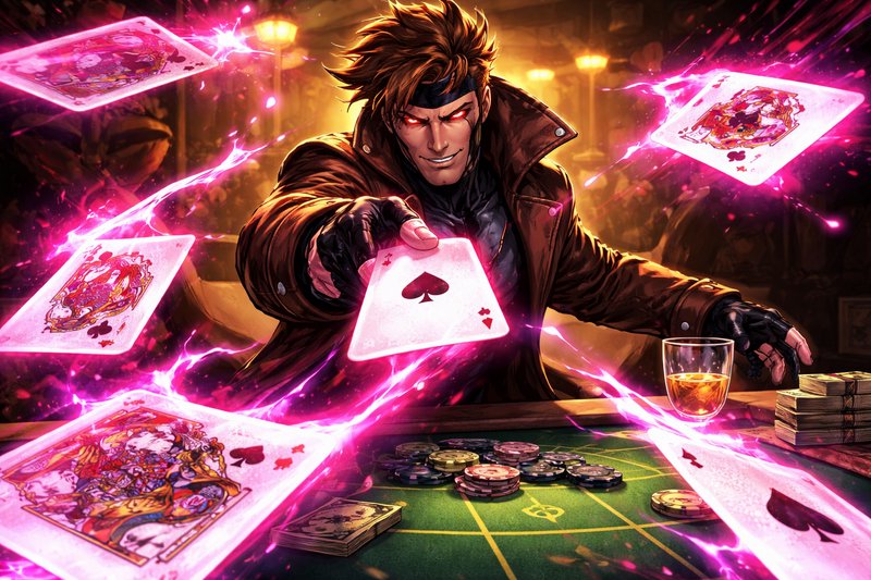 Dynamic anime-style gambler tossing glowing playing cards at a neon-lit casino table.