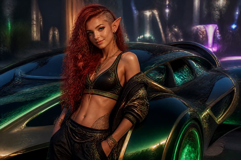 Woman with elf ears and red curly hair leaning against a shiny futuristic sports car under neon lights.