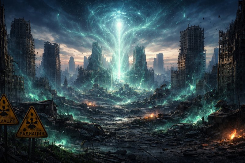 Post-apocalyptic cityscape with a glowing green energy beam and ruined skyscrapers