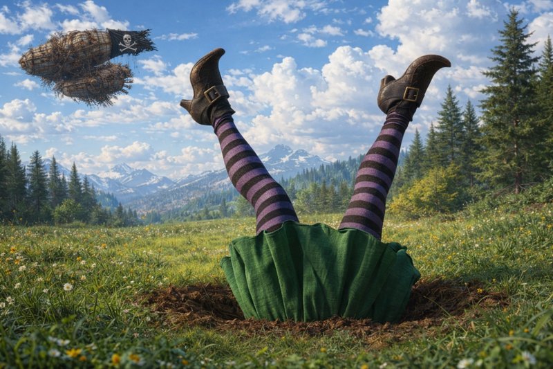 Person buried in a green dress with striped stockings and boots, legs raised in a meadow.
