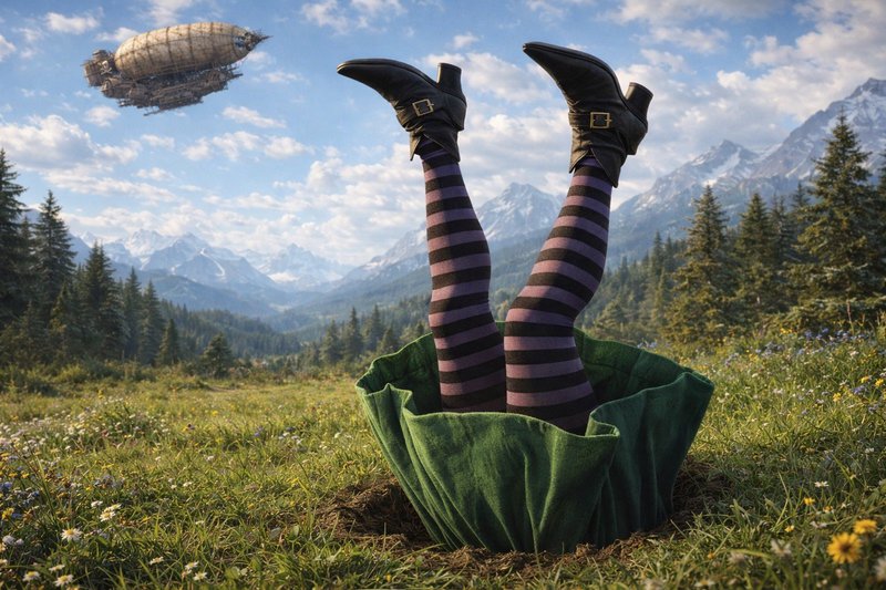 Whimsical scene: striped legs sticking up from a green skirt in a meadow with mountains and an airship overhead.