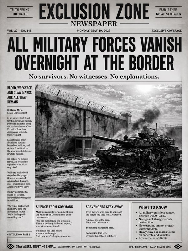 Black-and-white newspaper front page with a destroyed area and a military tank near a high wall, dramatic headline about