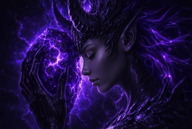Fantasy dark-skinned figure with a neon purple energy aura and crown-like headpiece, touching a glowing orb.