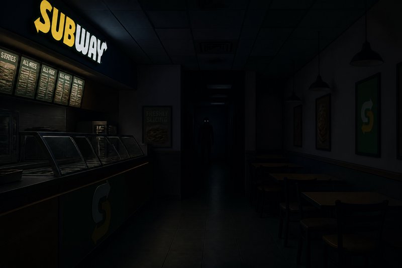 Dimly lit Subway counter with empty dining area and dark hallway in the background.