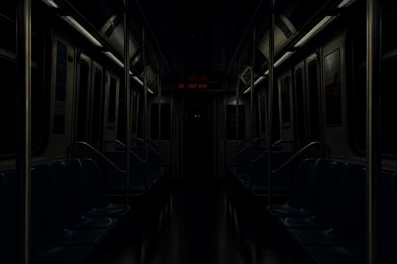 Dark subway car interior at night with faint red signage and eerie glowing eyes in the far end.