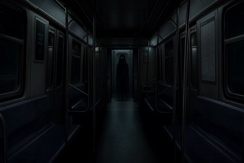 Ghostly figure in a dark subway car at the far end, eerie silhouette with glowing eyes.