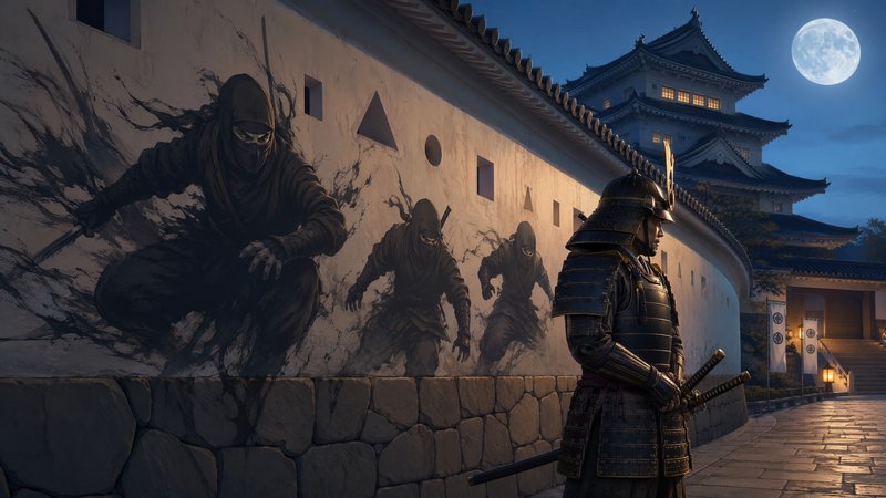 [Armored samurai stands guard as ink-style ninja figures emerge from a castle wall under a glowing full moon]