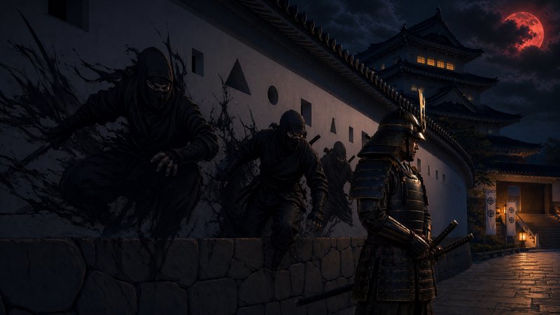 Stealthy hooded ninja emerge from a castle wall to confront an armored samurai guard under a red blood moon at night.