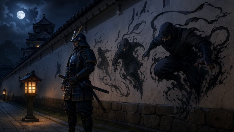 [Armored samurai stands guard as shadowy ink-style ninja emerge from a Japanese castle wall under a bright full moon at ni...