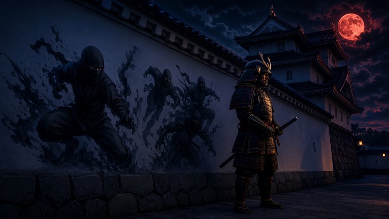 Samurai stands guard outside Japanese castle as shadow ninjas emerge from a wall under a glowing red blood moon at night.