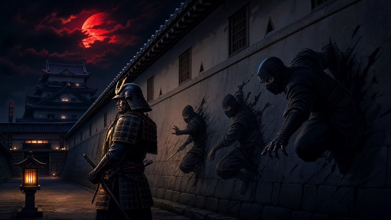 Armored samurai stands guard as stealthy ninja emerge from a castle wall beneath a glowing red blood moon night sky.