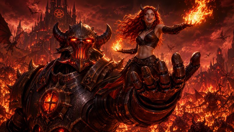 Horned red-haired sorceress conjures fire while perched on a massive spiked armored hell knight in a burning hell realm.