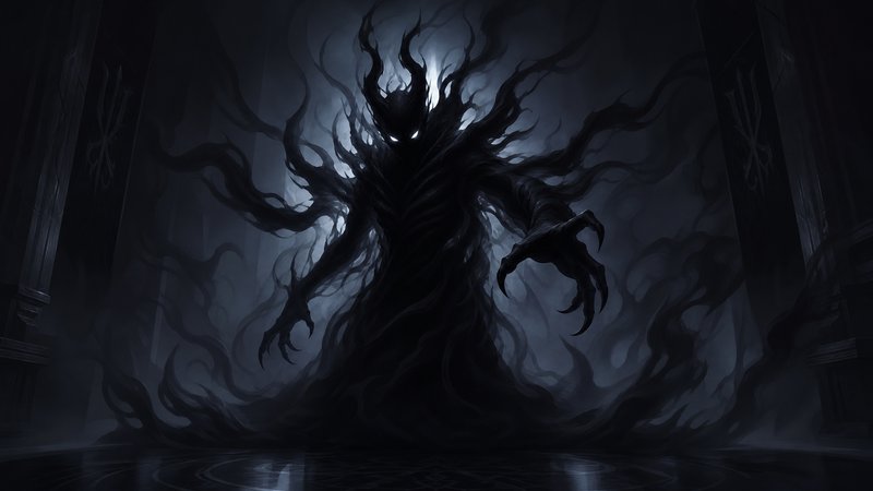 Menacing horned shadow demon with glowing eyes looms in a misty dark gothic chamber