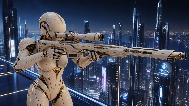 [Glossy white and gold humanoid combat android aims a futuristic sniper rifle from a skyscraper rooftop over a night cyber...