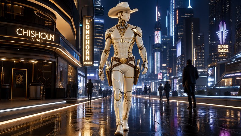 Sleek white and gold android cowboy in a cowboy hat walks down a neon-lit rainy cyberpunk city street at night