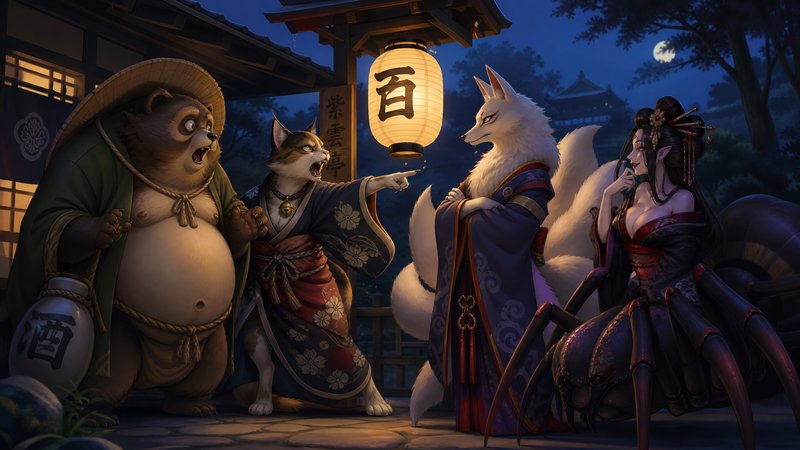 Anime-style illustration of Japanese yokai in a tense exchange outside a traditional inn on a moonlit night
