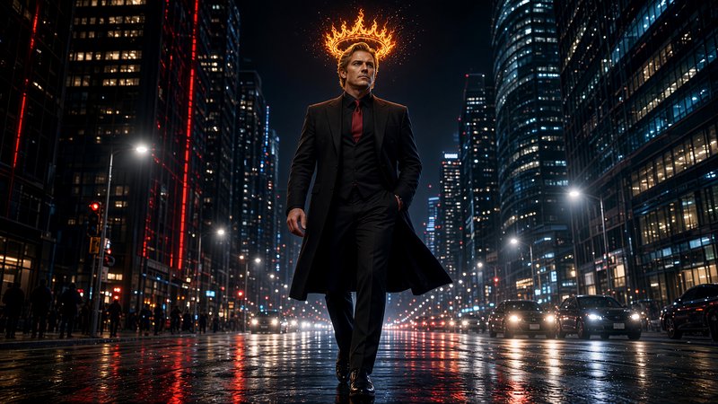 [Man in a formal black suit with a flaming glowing crown walks down a wet downtown city street at night between lit skyscr...