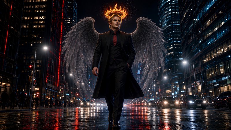 [Fallen angel in a formal suit with large feathered wings and a fiery crown walks down a wet downtown city street at night]