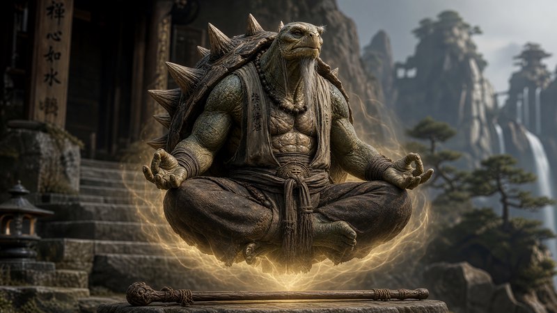 Wise anthropomorphic turtle monk floats in lotus meditation pose, glowing with spiritual energy outside a misty mountain
