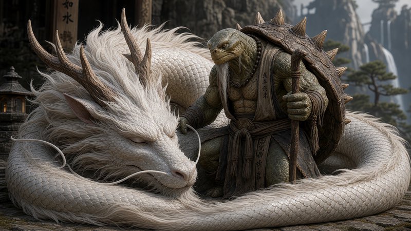 Wise robed turtle monk sits beside a peacefully coiled resting white eastern dragon at a misty East Asian mountain temple.