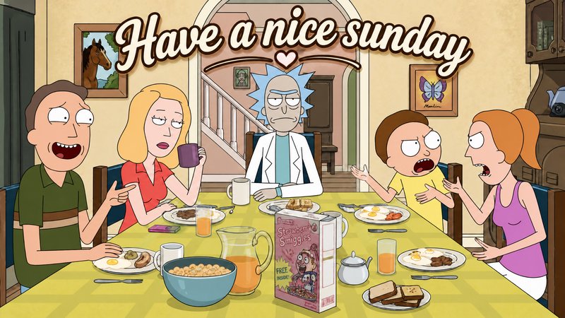 Cartoon of the Rick and Morty Smith family at a breakfast table, with "Have a nice sunday" greeti...
