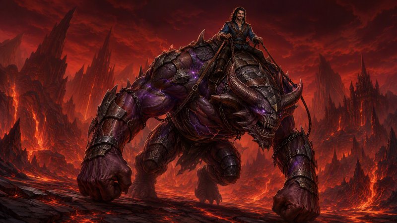 Smiling fantasy rider sits atop an armored horned demon beast traversing a fiery lava hellscape u...